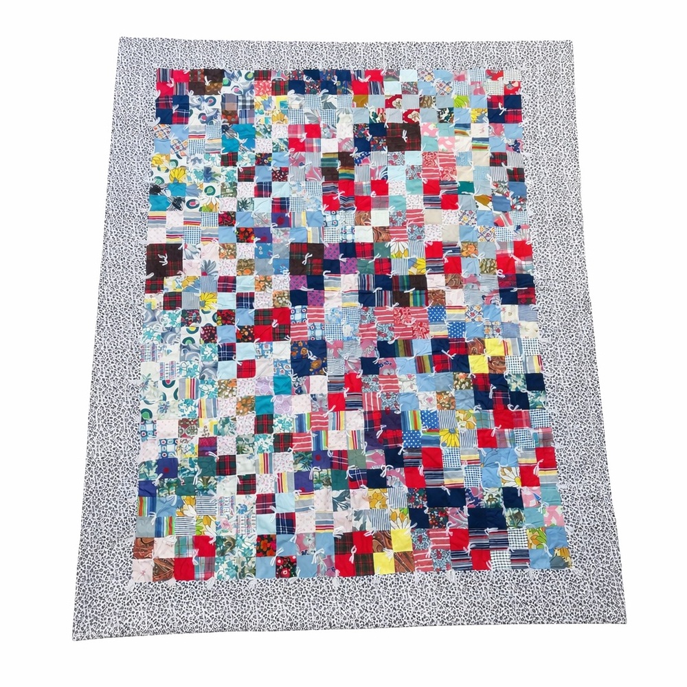 Vintage Handmade “Postage Stamp” Patchwork Quilt Multicolor Bedcover#0215265